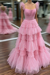 Cold Shoulder Pink Feathers A-Line Tiered Semi Formal Prom Dress